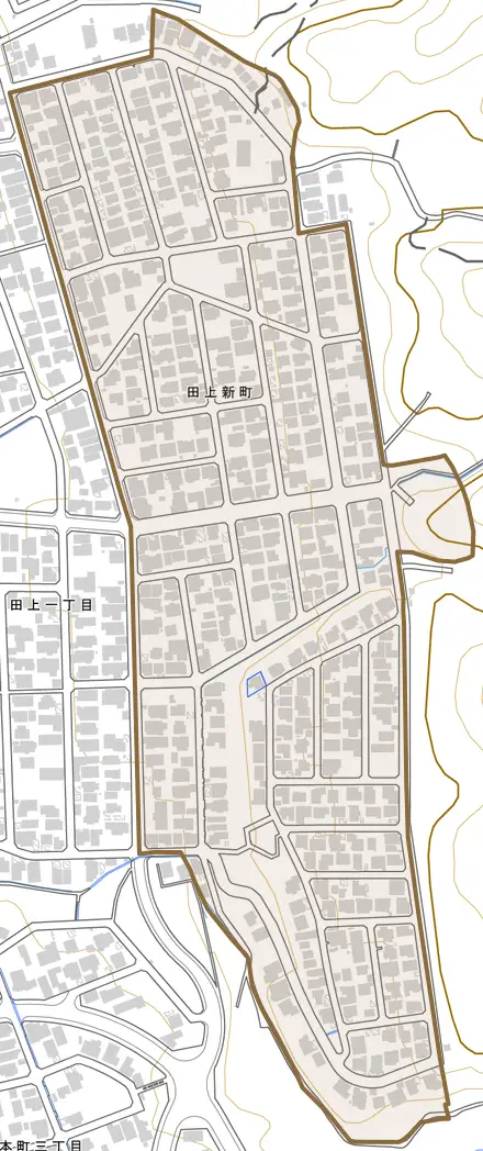 田上新町とその周辺の地図。町の範囲を重ねている