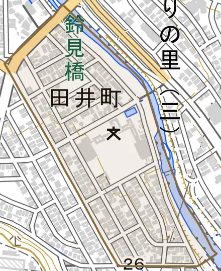 田井町とその周辺の地図。町の範囲を重ねている