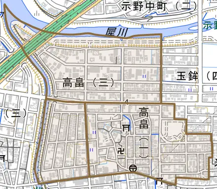 高畠とその周辺の地図。町の範囲を重ねている