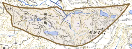 高池町とその周辺の地図。町の範囲を重ねている