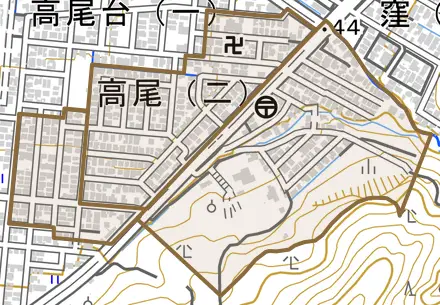高尾とその周辺の地図。町の範囲を重ねている