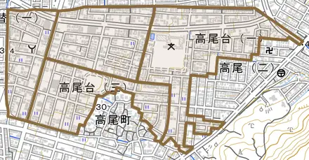 高尾台とその周辺の地図。町の範囲を重ねている