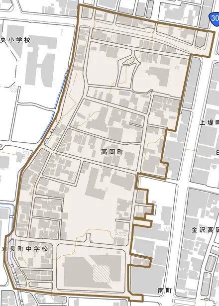 高岡町とその周辺の地図。町の範囲を重ねている