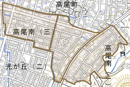 高尾南とその周辺の地図。町の範囲を重ねている