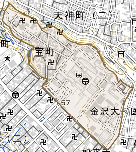 宝町とその周辺の地図。町の範囲を重ねている