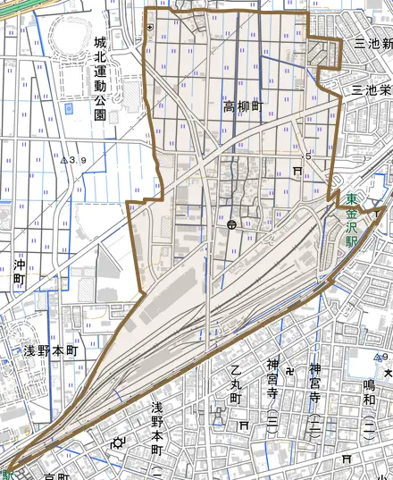 高柳町とその周辺の地図。町の範囲を重ねている