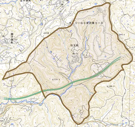 竹又町とその周辺の地図。町の範囲を重ねている