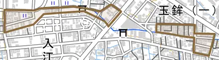玉鉾町とその周辺の地図。町の範囲を重ねている