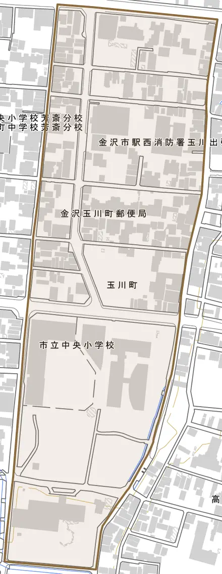 玉川町とその周辺の地図。町の範囲を重ねている