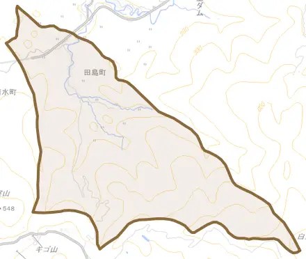 田島町とその周辺の地図。町の範囲を重ねている