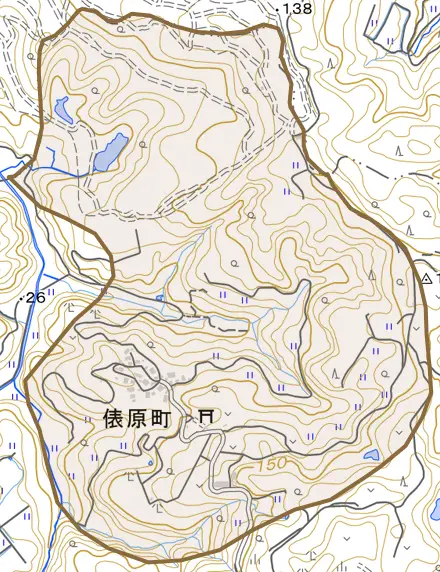 俵原町とその周辺の地図。町の範囲を重ねている