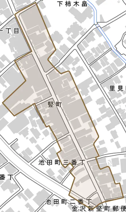 竪町とその周辺の地図。町の範囲を重ねている