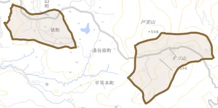俵町とその周辺の地図。町の範囲を重ねている