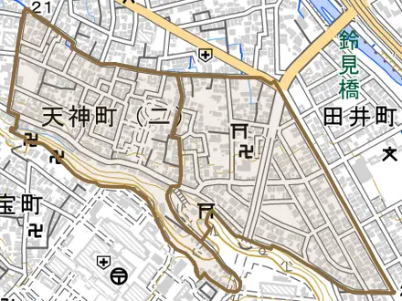 天神町とその周辺の地図。町の範囲を重ねている