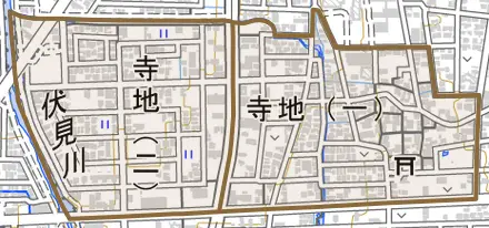寺地とその周辺の地図。町の範囲を重ねている