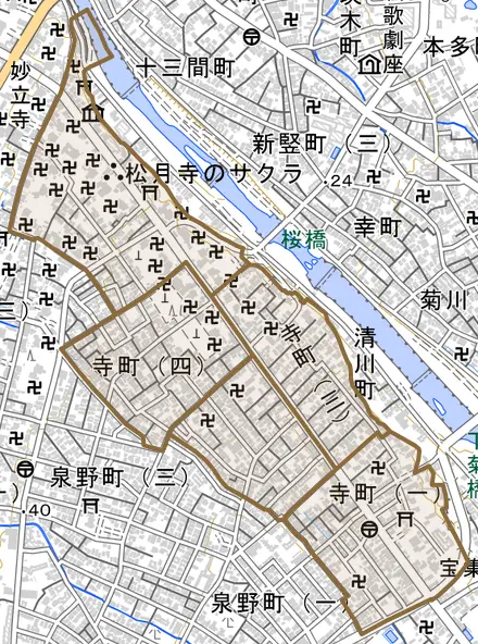 寺町とその周辺の地図。町の範囲を重ねている