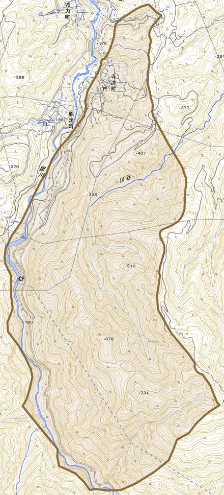寺津町とその周辺の地図。町の範囲を重ねている