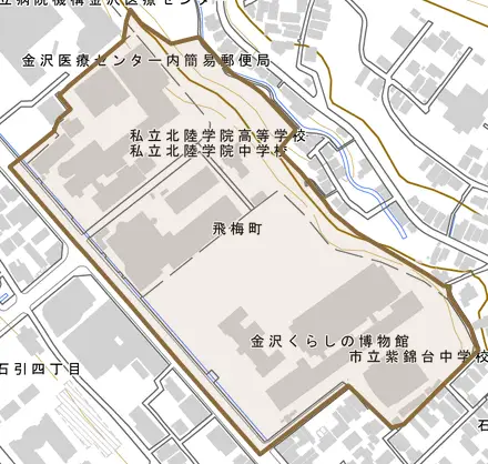 飛梅町とその周辺の地図。町の範囲を重ねている