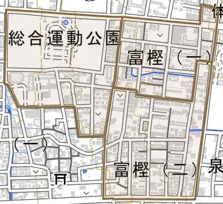 富樫とその周辺の地図。町の範囲を重ねている