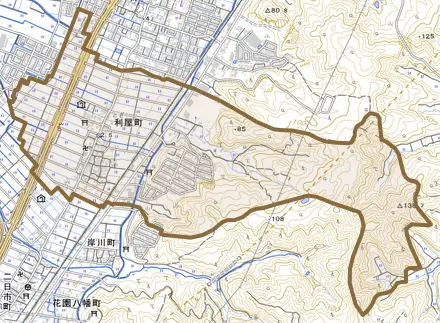 利屋町とその周辺の地図。町の範囲を重ねている
