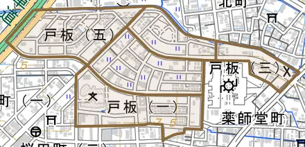 戸板とその周辺の地図。町の範囲を重ねている