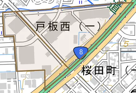 戸板西とその周辺の地図。町の範囲を重ねている