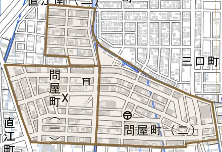 問屋町とその周辺の地図。町の範囲を重ねている