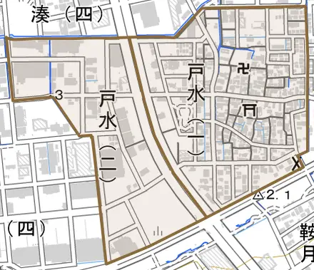 戸水とその周辺の地図。町の範囲を重ねている