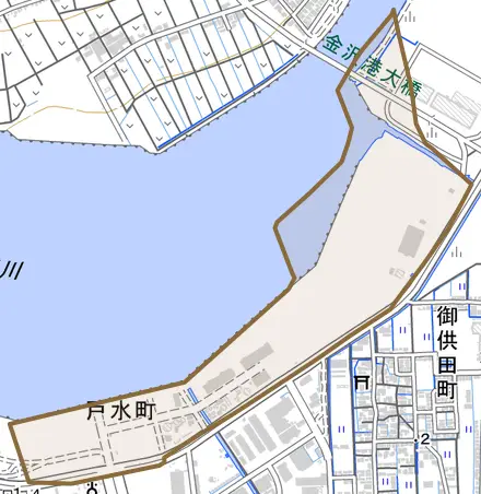 戸水町とその周辺の地図。町の範囲を重ねている
