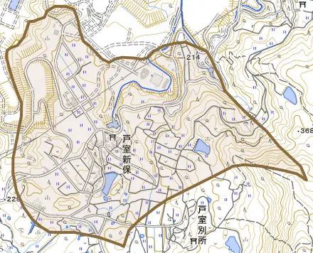 戸室新保とその周辺の地図。町の範囲を重ねている