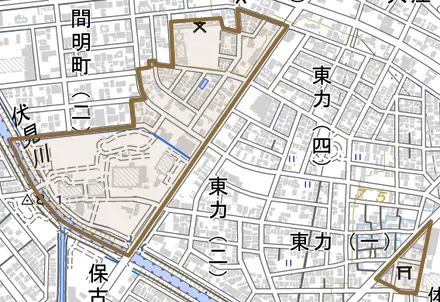 東力町とその周辺の地図。町の範囲を重ねている