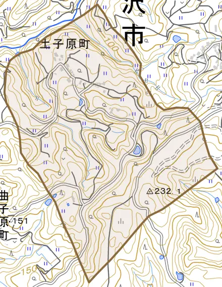 土子原町とその周辺の地図。町の範囲を重ねている