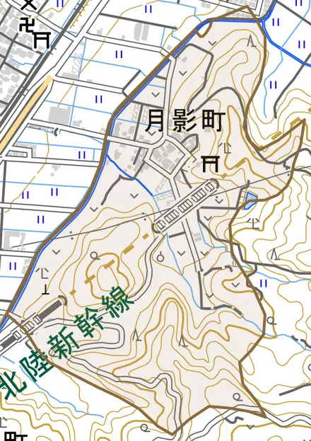 月影町とその周辺の地図。町の範囲を重ねている