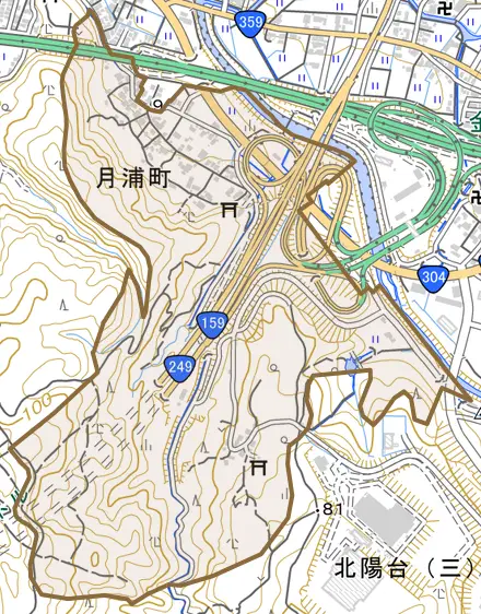 月浦町とその周辺の地図。町の範囲を重ねている