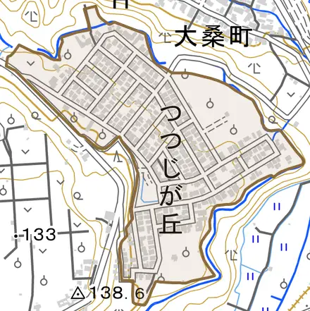 つつじが丘とその周辺の地図。町の範囲を重ねている
