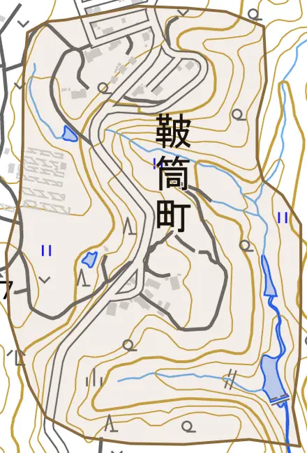 鞁筒町とその周辺の地図。町の範囲を重ねている