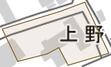 上野本町とその周辺の地図。町の範囲を重ねている