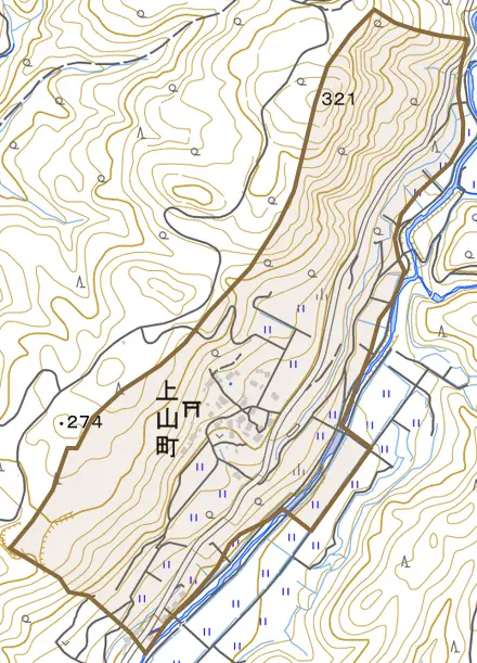 上山町とその周辺の地図。町の範囲を重ねている