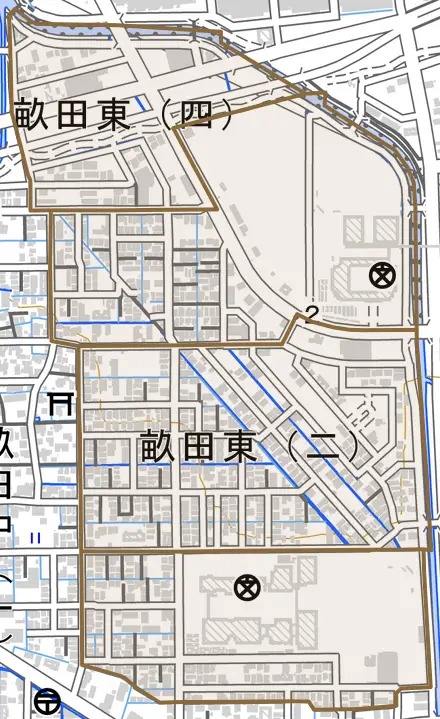 畝田東とその周辺の地図。町の範囲を重ねている