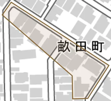畝田町とその周辺の地図。町の範囲を重ねている