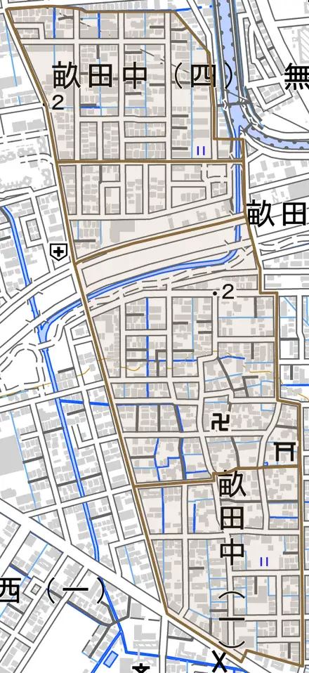 畝田中とその周辺の地図。町の範囲を重ねている