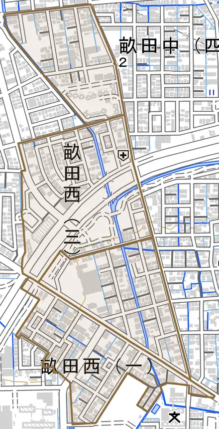 畝田西とその周辺の地図。町の範囲を重ねている