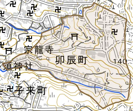 卯辰町とその周辺の地図。町の範囲を重ねている