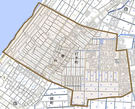打木町とその周辺の地図。町の範囲を重ねている