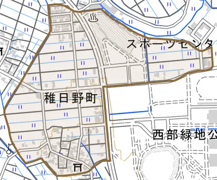 稚日野町とその周辺の地図。町の範囲を重ねている