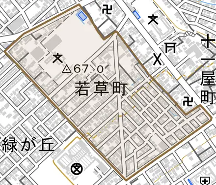 若草町とその周辺の地図。町の範囲を重ねている