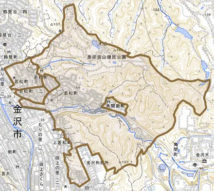 若松町とその周辺の地図。町の範囲を重ねている
