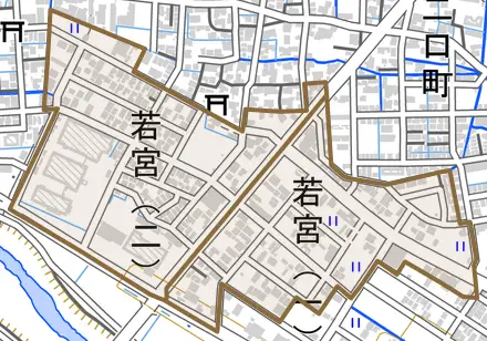 若宮とその周辺の地図。町の範囲を重ねている