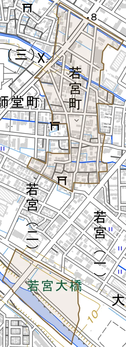 若宮町とその周辺の地図。町の範囲を重ねている