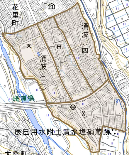 涌波とその周辺の地図。町の範囲を重ねている